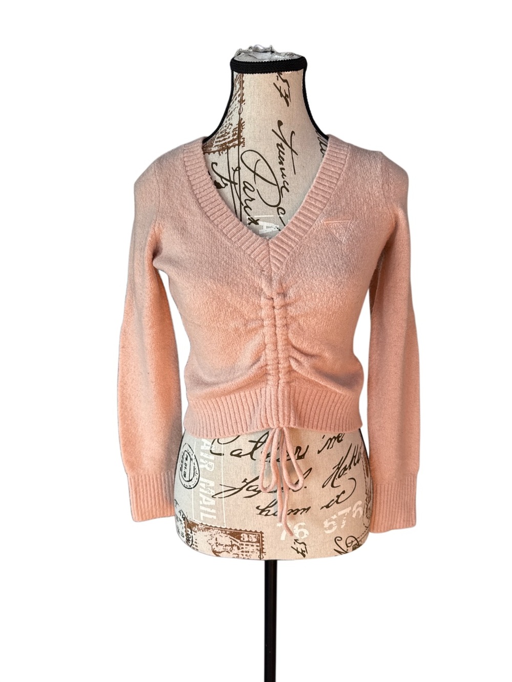 Guess Women's Pink V-Neck Ruched Drawstring Sweater